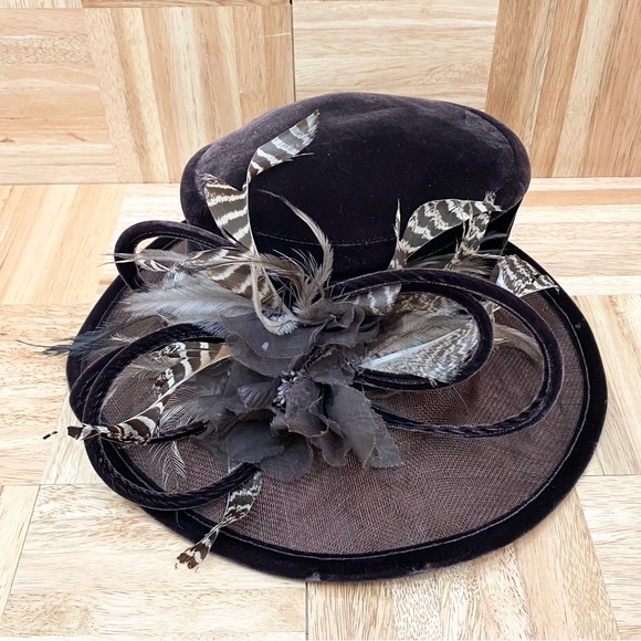 PETER BETTLEY London Chocolate Brown Straw Velvet Feather Fascinator Hat - Picture 9 of 16